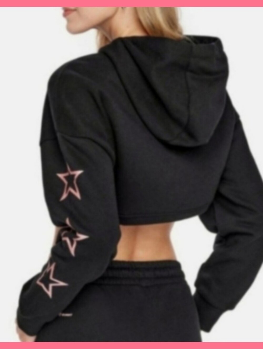 Cropped Black Hoodie Pink Star Sleeve Detail, Pullover Medium Street wear